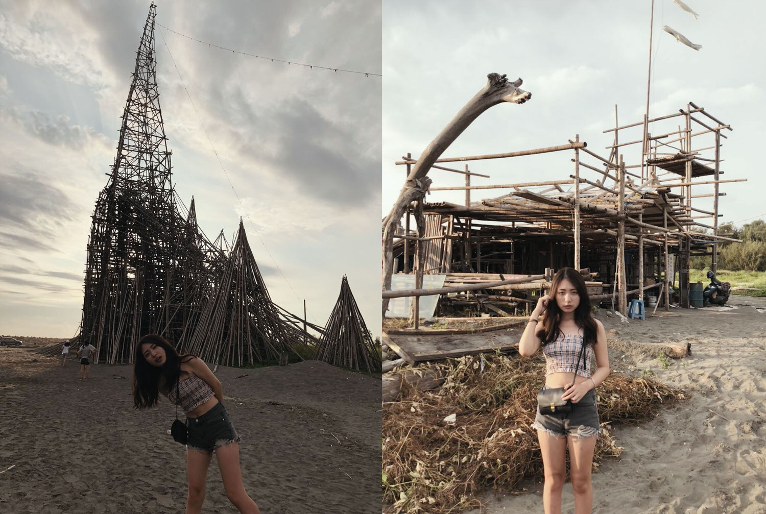 穿著露肩衣服的女孩站在沙灘上，身後有著用竹子編成的高塔與小屋
