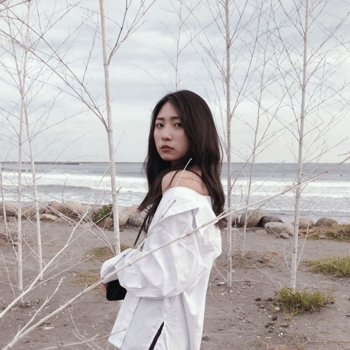 一位女孩穿白襯衫站在白色的枯樹枝林裡，背後是大海和藍天